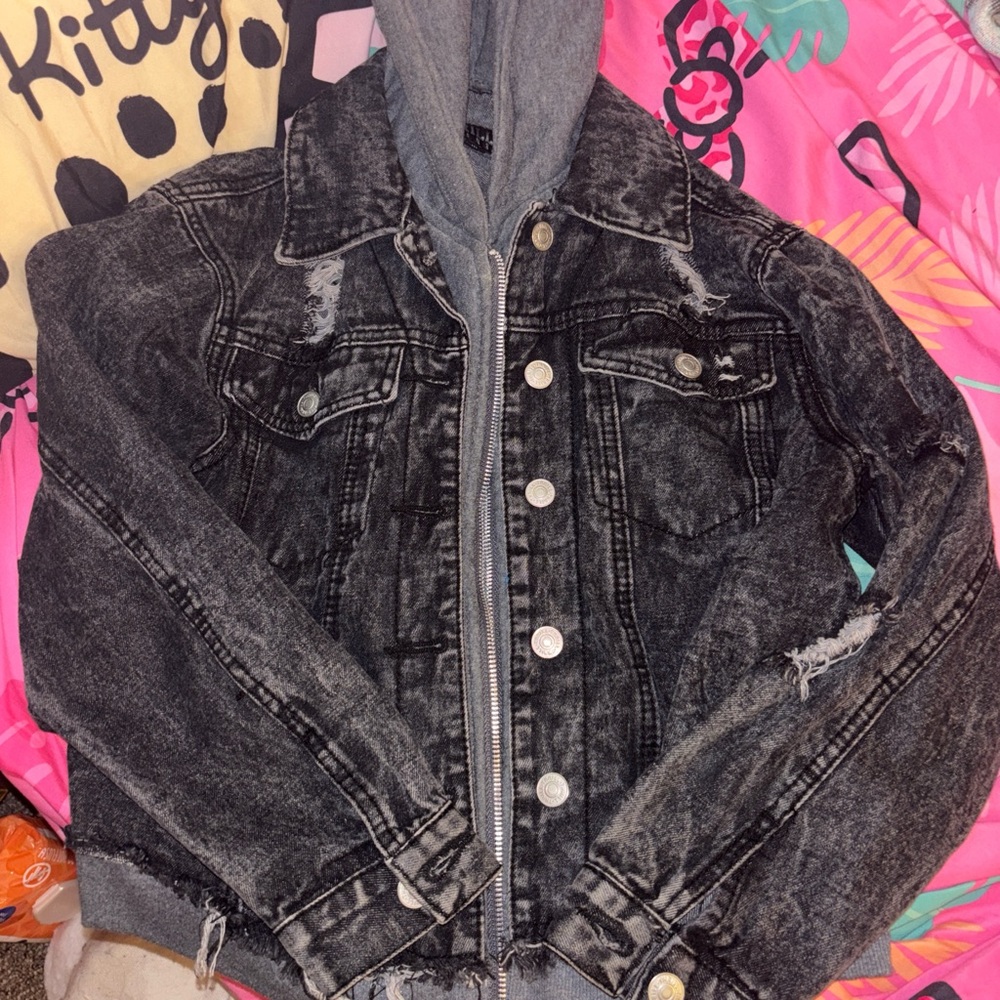 Thrill Black Denim Jacket with Gray Hoodie